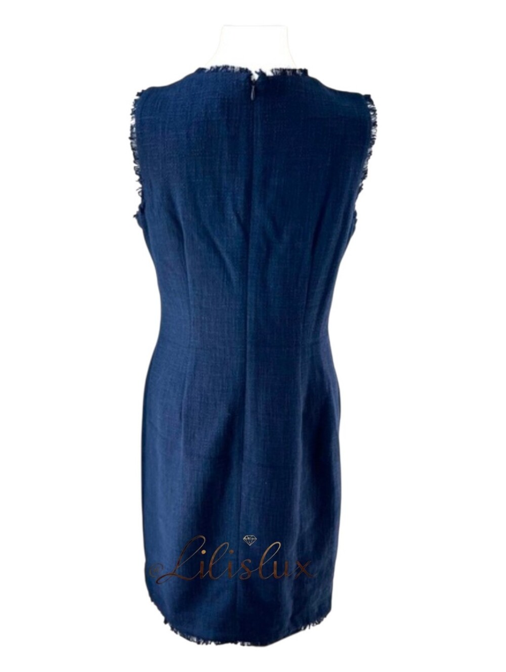 KARL LAGERFELD PARIS Sleeveless Tweed Fringe Sheath Dress Navy Size 10 EUC - Picture 7 of 15